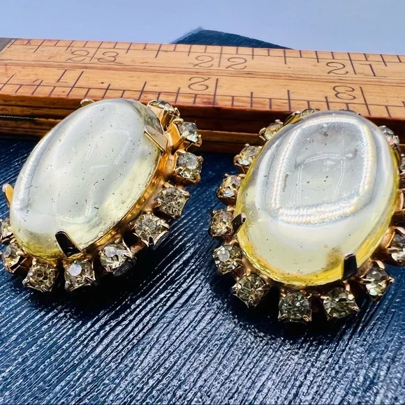 Vintage clip on earrings lemon yellow oval rhinestones - Picture 10 of 11